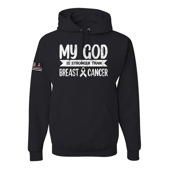 Wild Bobby My God Is Stronger Than Breast Cancer White Distressed US Flag Breast Cancer Awareness Unisex Hoodie Sweatshirt, Black, 3X-Large