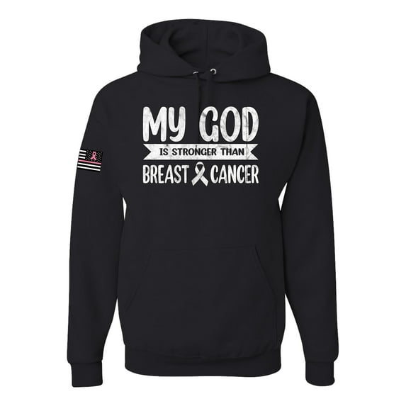 Wild Bobby My God Is Stronger Than Breast Cancer White Distressed US Flag Breast Cancer Awareness Unisex Hoodie Sweatshirt, Black, Small