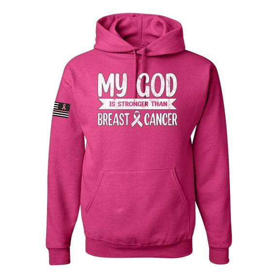 Wild Bobby My God Is Stronger Than Breast Cancer White Distressed US Flag Breast Cancer Awareness Unisex Hoodie Sweatshirt, Fuschia, 3X-Large