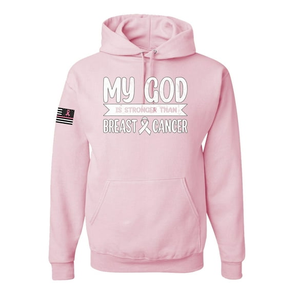 Wild Bobby My God Is Stronger Than Breast Cancer White Distressed US Flag Breast Cancer Awareness Unisex Hoodie Sweatshirt, Light Pink, 3X-Large
