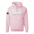 thumbnail image 1 of Wild Bobby My God Is Stronger Than Breast Cancer White Distressed US Flag Breast Cancer Awareness Unisex Hoodie Sweatshirt, Light Pink, Small, 1 of 5