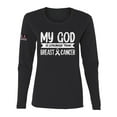 thumbnail image 1 of Wild Bobby My God Is Stronger Than Breast Cancer White Distressed US Flag Breast Cancer Awareness Women Graphic Long Sleeve Tee, Black, Small, 1 of 5
