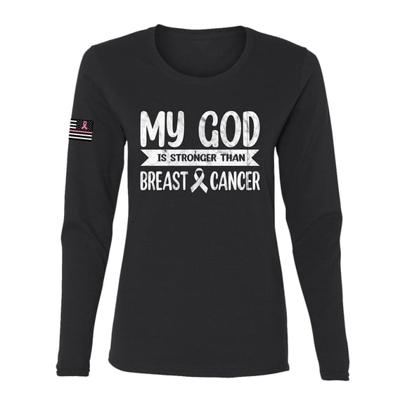 Wild Bobby My God Is Stronger Than Breast Cancer White Distressed US Flag Breast Cancer Awareness Women Graphic Long Sleeve Tee, Black, Small