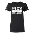 thumbnail image 1 of Wild Bobby My God Is Stronger Than Breast Cancer White Distressed US Flag Breast Cancer Awareness Women Graphic Tee, Black, Small, 1 of 5