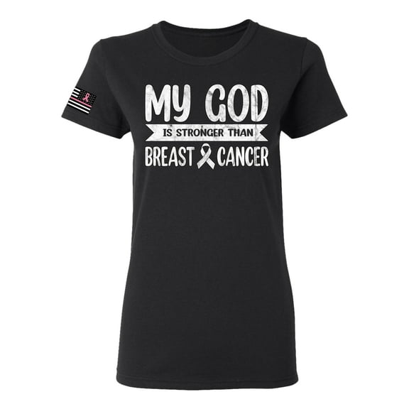 Wild Bobby My God Is Stronger Than Breast Cancer White Distressed US Flag Breast Cancer Awareness Women Graphic Tee, Black, Small