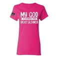 thumbnail image 1 of Wild Bobby My God Is Stronger Than Breast Cancer White Distressed US Flag Breast Cancer Awareness Women Graphic Tee, Fuschia, Medium, 1 of 5