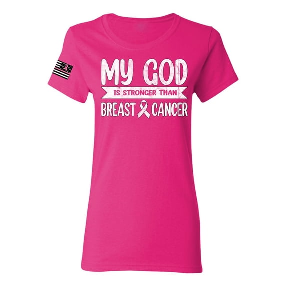 Wild Bobby My God Is Stronger Than Breast Cancer White Distressed US Flag Breast Cancer Awareness Women Graphic Tee, Fuschia, Medium