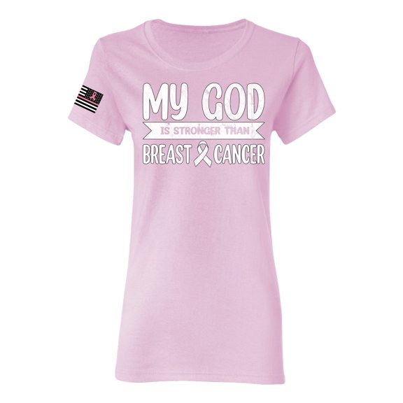 Wild Bobby My God Is Stronger Than Breast Cancer White Distressed US Flag Breast Cancer Awareness Women Graphic Tee, Light Pink, Large