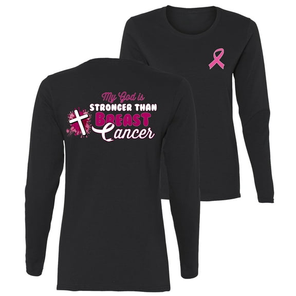 Wild Bobby My God is Stronger Than Breast Cancer Paint Splatter Cross Breast Cancer Awareness Front and Back Womens Graphic Long Sleeve T-Shirt, Black, Small