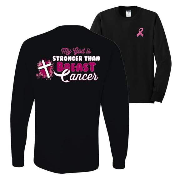 Wild Bobby My God is Stronger Than Breast Cancer Paint Splatter Cross Breast Cancer Awareness Front and Back Mens Long Sleeve Shirt, Black, Small