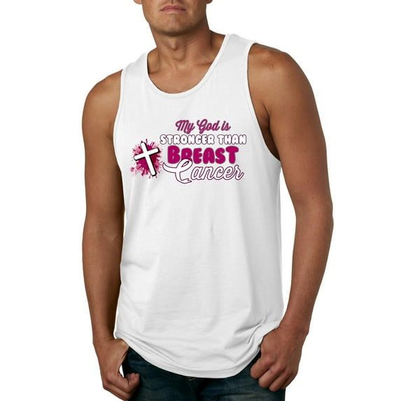 Wild Bobby My God is Stronger Than Breast Cancer Paint Splatter Cross Breast Cancer Awareness Men Tank Top, White, Medium