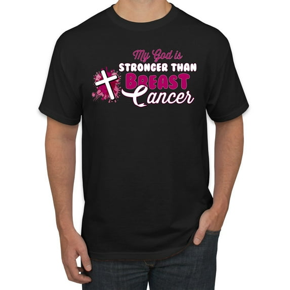Wild Bobby My God is Stronger Than Breast Cancer Paint Splatter Cross Breast Cancer Awareness Men Tee, Black, Small