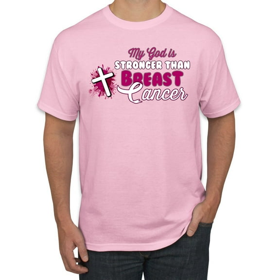 Wild Bobby My God is Stronger Than Breast Cancer Paint Splatter Cross Breast Cancer Awareness Men Tee, Light Pink, Medium