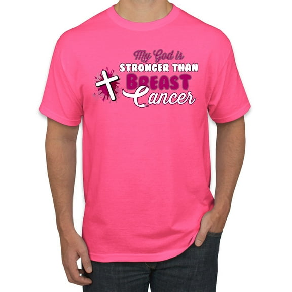 Wild Bobby My God is Stronger Than Breast Cancer Paint Splatter Cross Breast Cancer Awareness Men Tee, Neon Pink, Large