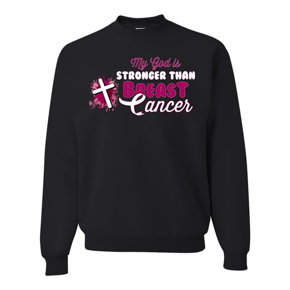 Wild Bobby My God is Stronger Than Breast Cancer Paint Splatter Cross Breast Cancer Awareness Unisex Crewneck Sweatshirt, Black, 5X-Large