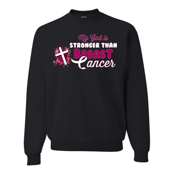 Wild Bobby My God is Stronger Than Breast Cancer Paint Splatter Cross Breast Cancer Awareness Unisex Crewneck Sweatshirt, Black, Small