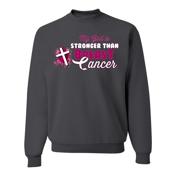 Wild Bobby My God is Stronger Than Breast Cancer Paint Splatter Cross Breast Cancer Awareness Unisex Crewneck Sweatshirt, Charcoal, X-Large