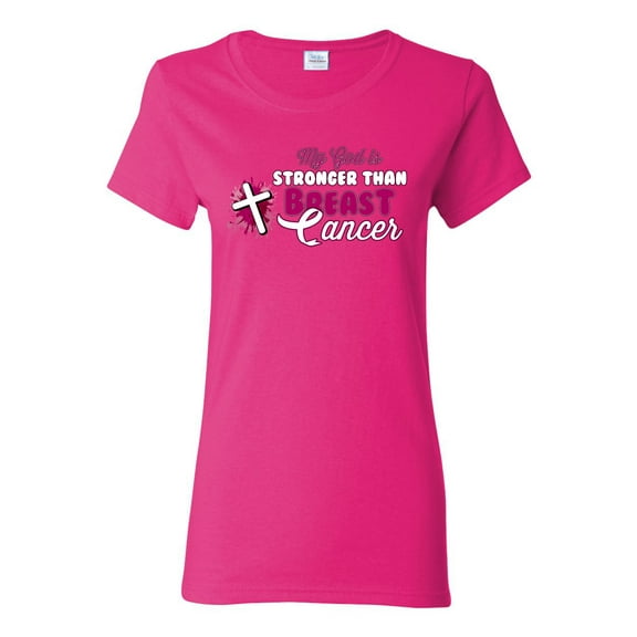Wild Bobby My God is Stronger Than Breast Cancer Paint Splatter Cross Breast Cancer Awareness Women Graphic Tee, Fuschia, Medium
