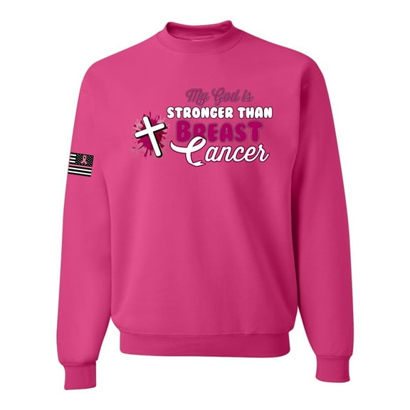 Wild Bobby My God is Stronger Than Breast Cancer Paint Splatter Cross US Flag Breast Cancer Awareness Unisex Crewneck Sweatshirt, Fuschia, 3X-Large
