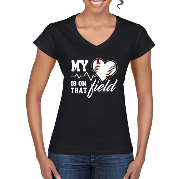 Wild Bobby, My Heart Is On That Baseball Field, Sports, Women Standard V-Neck Tee, Black, Small