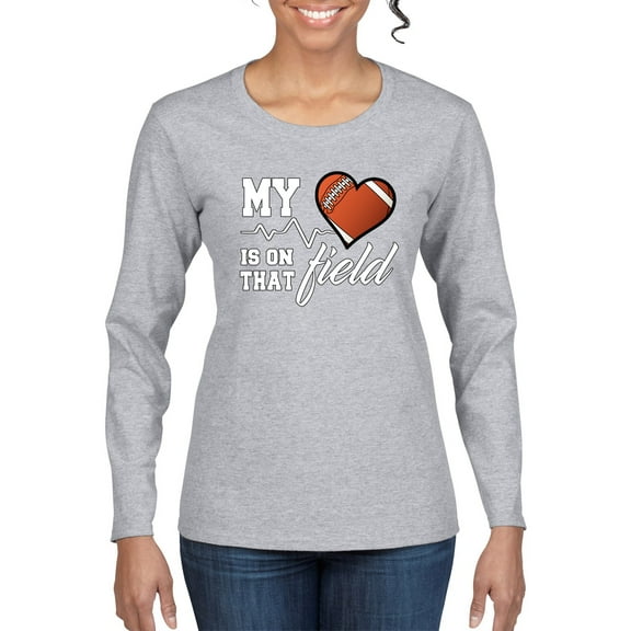 Wild Bobby, My Heart Is On That Football Field, Sports, Women Graphic Long Sleeve Tee, Heather Grey, X-Large