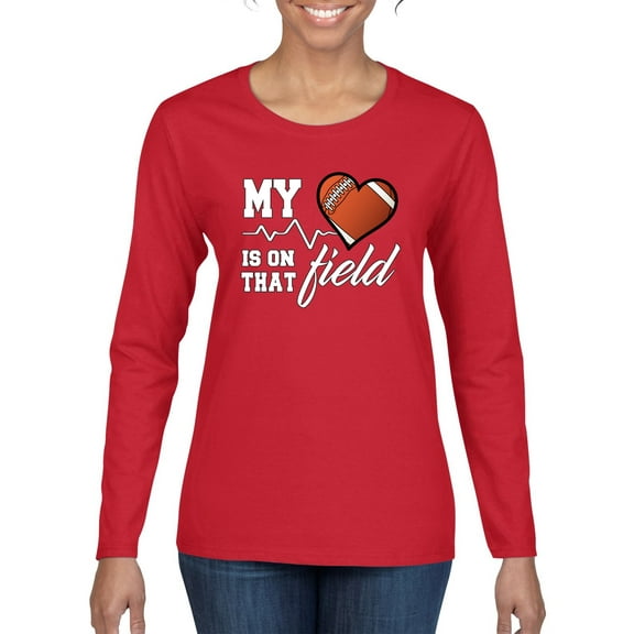 Wild Bobby, My Heart Is On That Football Field, Sports, Women Graphic Long Sleeve Tee, Red, Medium