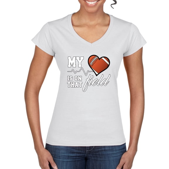 Wild Bobby, My Heart Is On That Football Field, Sports, Women Standard V-Neck Tee, White, Large