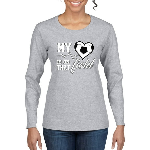 Wild Bobby, My Heart Is On That Soccer Field, Sports, Women Graphic Long Sleeve Tee, Heather Grey, Medium