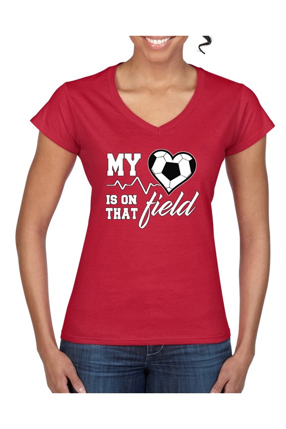 , My Heart Is On That Soccer Field, Sports, Women Standard V-Neck Tee, Red, Small