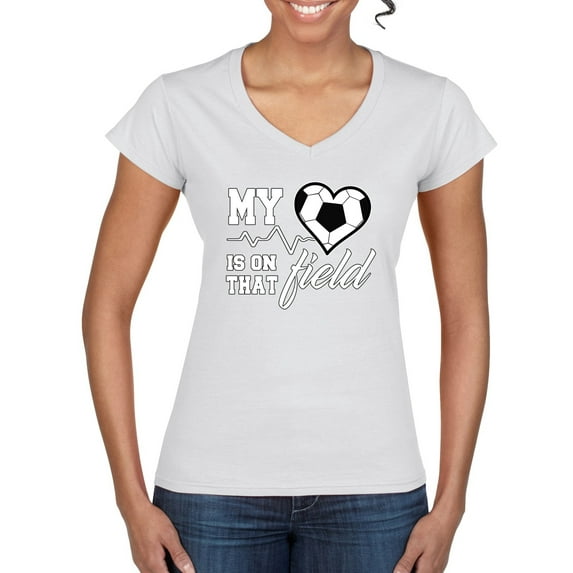 Wild Bobby, My Heart Is On That Soccer Field, Sports, Women Standard V-Neck Tee, White, XX-Large