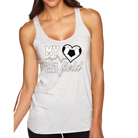 Wild Bobby, My Heart Is On That Soccer Field, Sports, Women Tri-Blend Racerback Tank Top, Heather White, X-Large