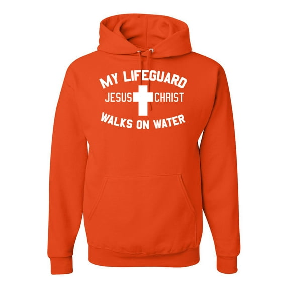 Wild Bobby, My Lifeguard Walks on Water Jesus Christ Bible | Mens Inspirational/Christian Hooded Sweatshirt Graphic Hoodie, Orange, Medium