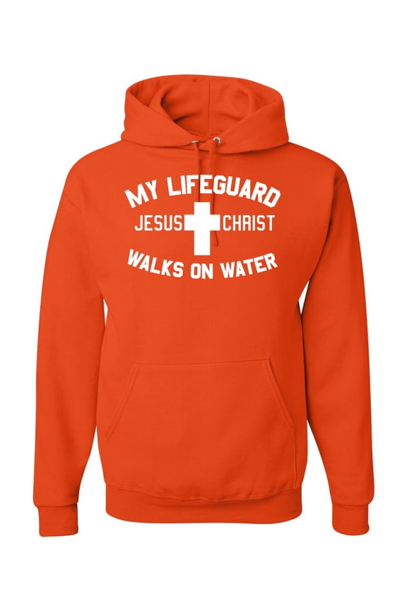 , My Lifeguard Walks on Water Jesus Christ Bible | Mens Inspirational/Christian Hooded Sweatshirt Graphic Hoodie, Orange, Medium