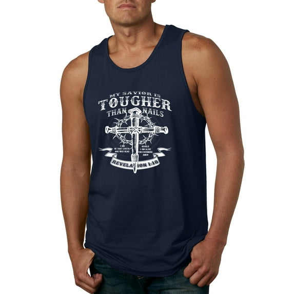 Wild Bobby, My Savior Is Tougher Than Nails Revelation 1:18, Inspirational Christian, Men Graphic Tank Top, Navy, Large