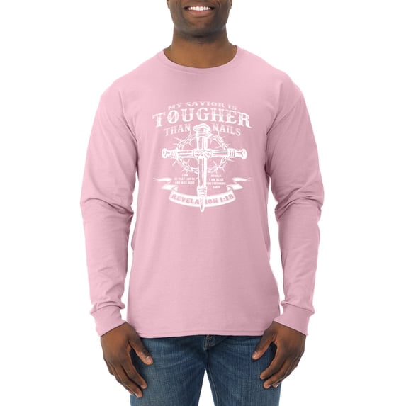 Wild Bobby, My Savior Is Tougher Than Nails Revelation 1:18, Inspirational Christian, Men Long Sleeve Shirt, Light Pink, X-Large