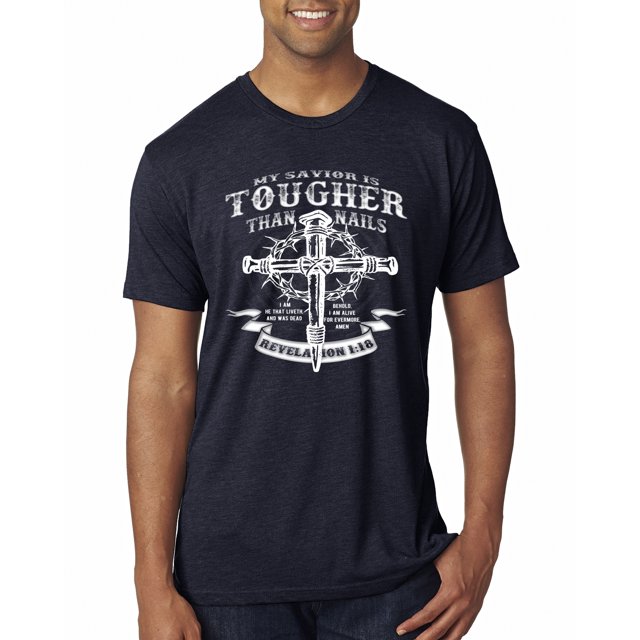 Wild Bobby, My Savior Is Tougher Than Nails Revelation 1:18, Inspirational Christian, Men Premium Tri Blend Tee, Vintage Navy, Medium