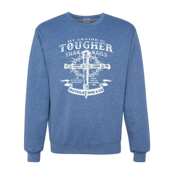 Wild Bobby, My Savior Is Tougher Than Nails Revelation 1:18, Inspirational Christian, Unisex Crewneck Graphic Sweatshirt, Vintage Heather Blue, Small
