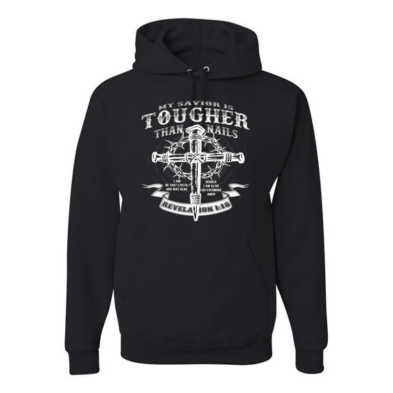 Wild Bobby, My Savior Is Tougher Than Nails Revelation 1:18, Inspirational Christian, Unisex Graphic Hoodie Sweatshirt, Black, Small