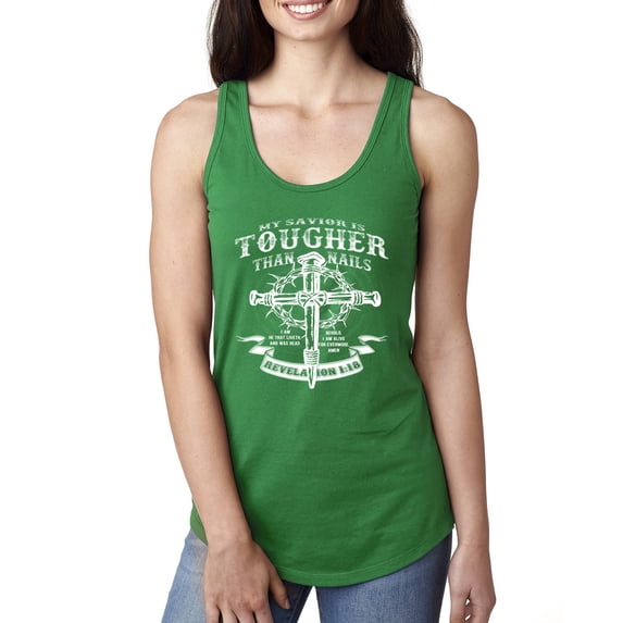 Wild Bobby, My Savior Is Tougher Than Nails Revelation 1:18, Inspirational Christian, Women Racerback Tank Top, Kelly, Large