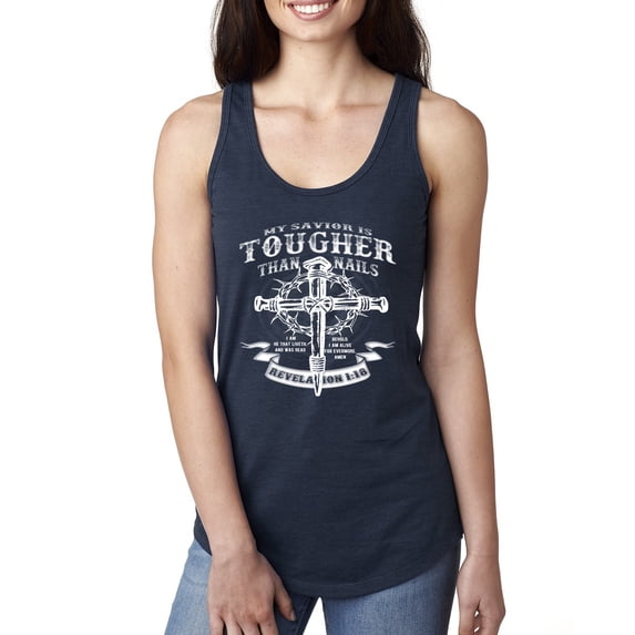 Wild Bobby, My Savior Is Tougher Than Nails Revelation 1:18, Inspirational Christian, Women Racerback Tank Top, Navy, Small