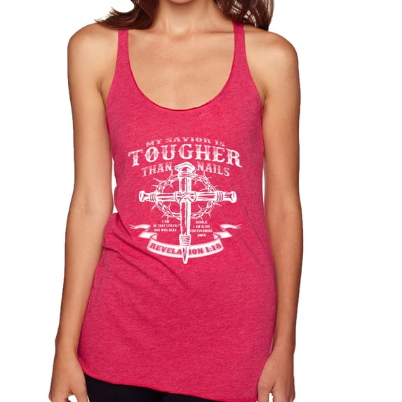 Wild Bobby, My Savior Is Tougher Than Nails Revelation 1:18, Inspirational Christian, Women Tri-Blend Racerback Tank Top, Shocking Pink, Large