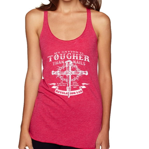 Wild Bobby, My Savior Is Tougher Than Nails Revelation 1:18, Inspirational Christian, Women Tri-Blend Racerback Tank Top, Shocking Pink, Large