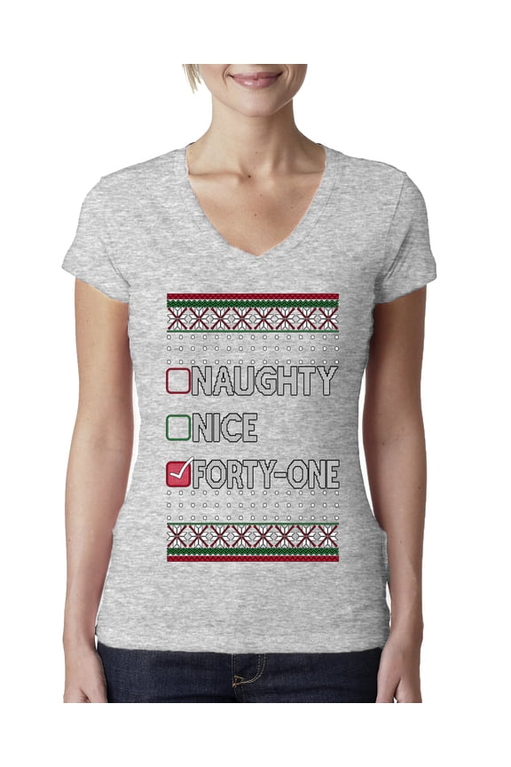 Naughty Nice 41, Simple List, Christmas Sweater | Funny Holiday Women Junior Fit V-Neck Tee