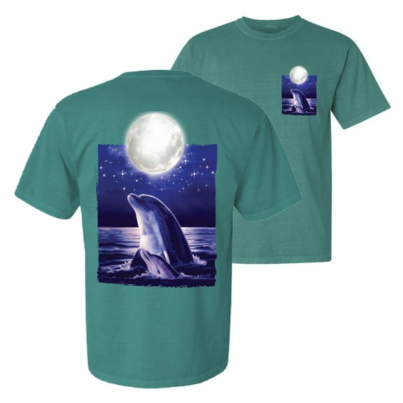 Wild Bobby, Nautical Full Moon Bottlenose Dolphin, Animal Lover, Front and Back Garment-Dyed Short Sleeve Tees, Emerald, Large