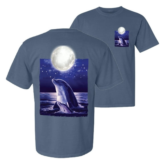 Wild Bobby, Nautical Full Moon Bottlenose Dolphin, Animal Lover, Front and Back Garment-Dyed Short Sleeve Tees, Navy, X-Large