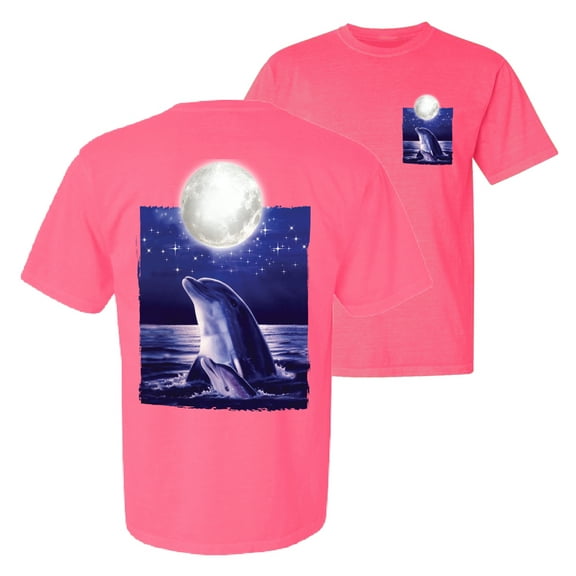 Wild Bobby, Nautical Full Moon Bottlenose Dolphin, Animal Lover, Front and Back Garment-Dyed Short Sleeve Tees, Neon Pink, Small