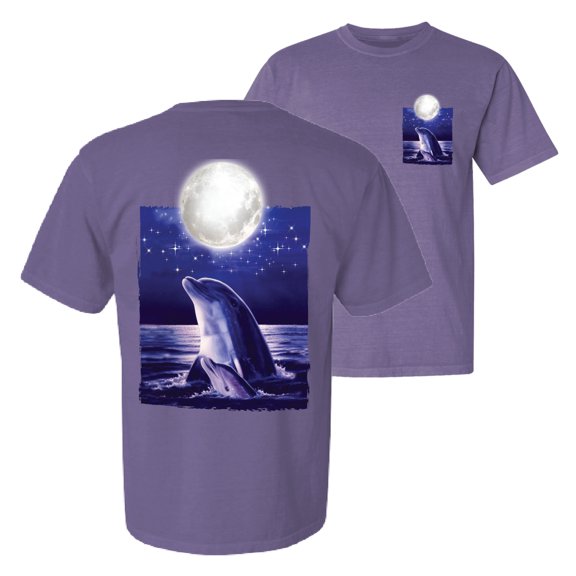 Wild Bobby, Nautical Full Moon Bottlenose Dolphin, Animal Lover, Front and Back Garment-Dyed Short Sleeve Tees, Purple, Small