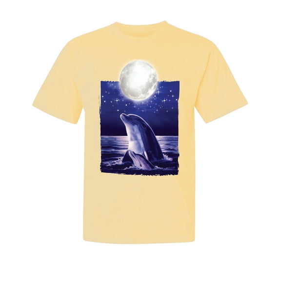 Wild Bobby, Nautical Full Moon Bottlenose Dolphin, Animal Lover, Garment-Dyed Washed Look Short Sleeve T-Shirt, Banana, X-Large