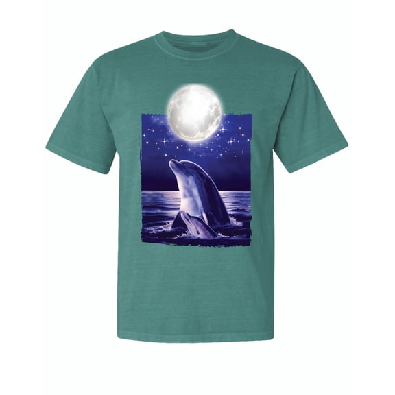 Wild Bobby, Nautical Full Moon Bottlenose Dolphin, Animal Lover, Garment-Dyed Washed Look Short Sleeve T-Shirt, Emerald, X-Large