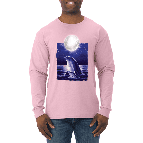 Wild Bobby, Nautical Full Moon Bottlenose Dolphin Animal Lover Mens Long Sleeve Shirt